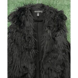 French Laundry Size 2XL Black Open Cardigan Vest Fluffy Faux Fur late 70s
